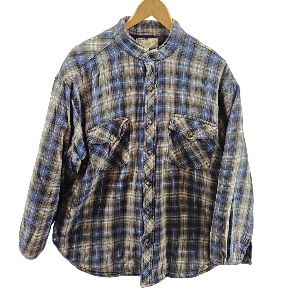 Levi's Mens Flannel Shacket Plaid‎ Quilted Lined Button Up Medium Blue Tan